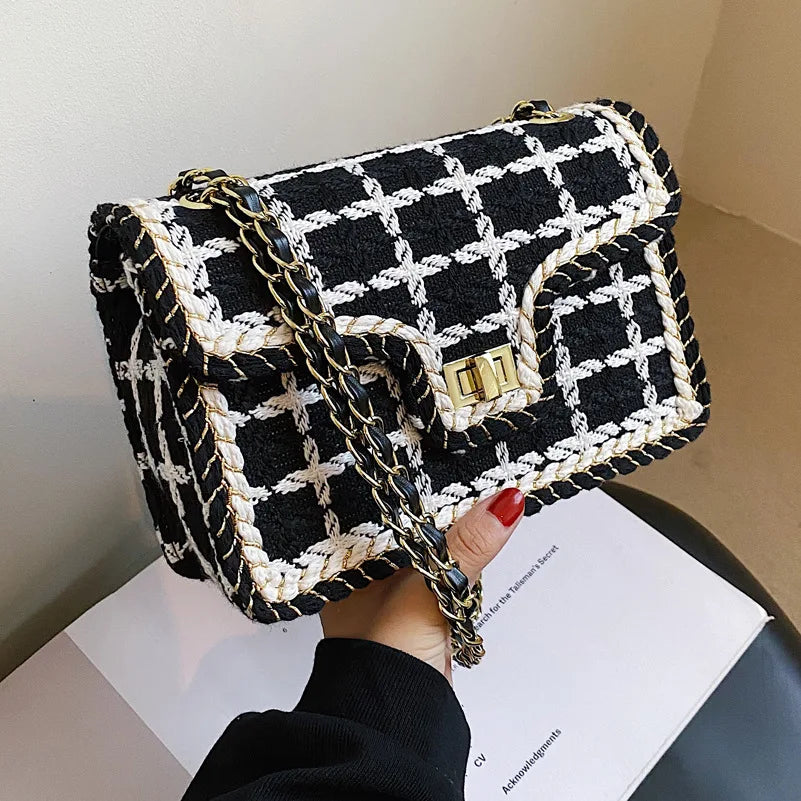 Vintage Wool Tweed Messenger Bag Women Chain Handbag Plaid Sac A Main