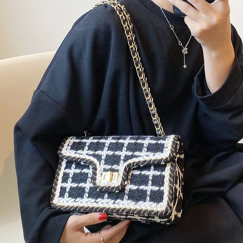 Vintage Wool Tweed Messenger Bag Women Chain Handbag Plaid Sac A Main