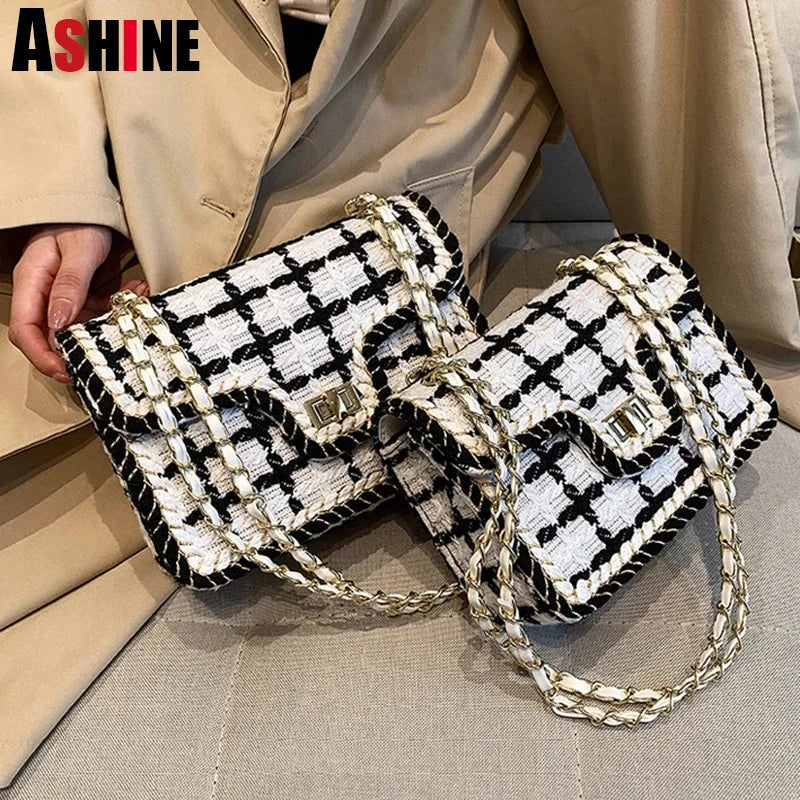 Vintage Wool Tweed Messenger Bag Women Chain Handbag Plaid Sac A Main
