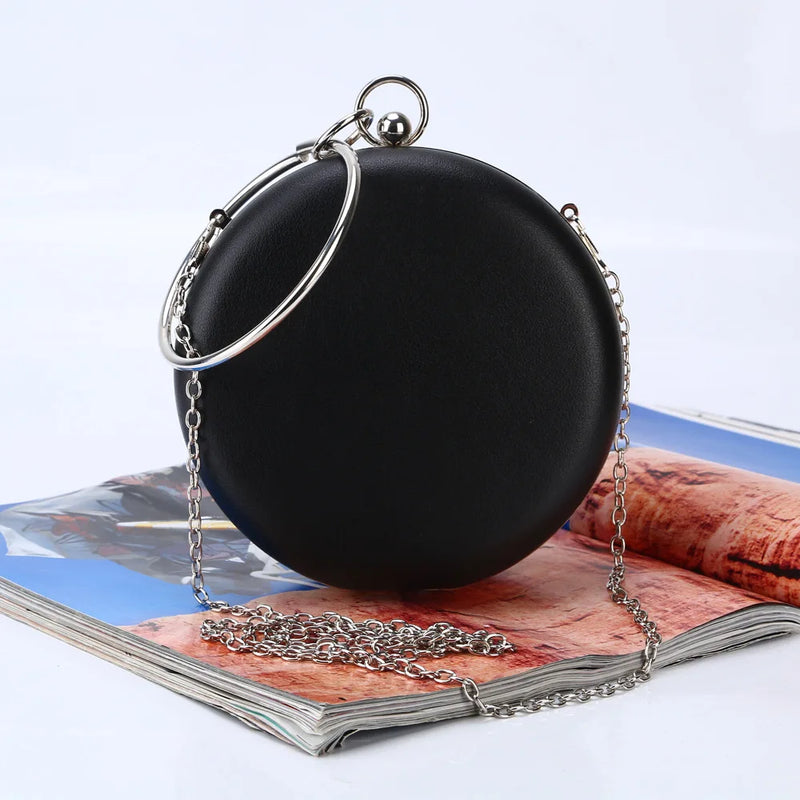 PU Circular Evening Bag Pink Silver Metal Ring Totes Bag