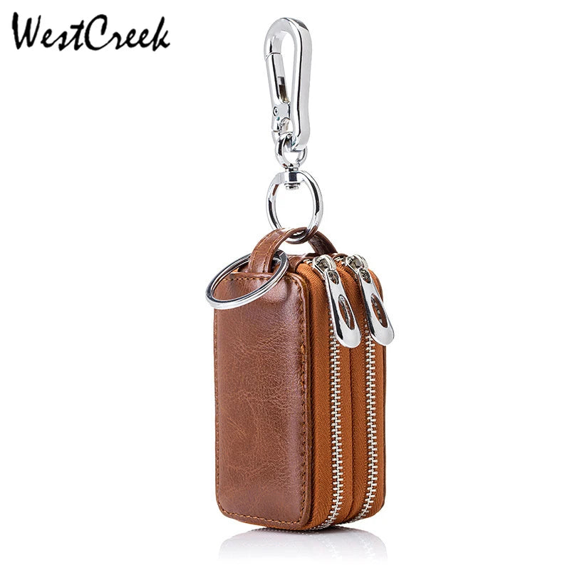 Vintage Car Key Holder Smart Housekeeper Genuine Leather Double Zipper Key Case