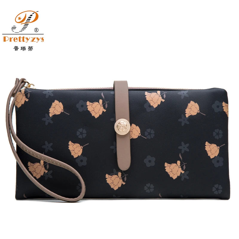 Vintage Flower Long Wallet Soft Leather Zipper Pocket Ladies Purses