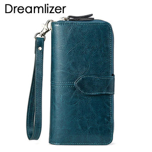 Wax Oil Real Leather Women Wallet Long Clutch Purse Cellphone Bag Coin Wallet