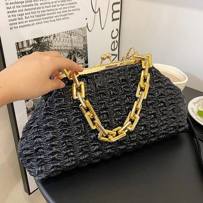 Women Heavy Chain Crossbody Bag PU Leather Fold Clip Cloud Bags