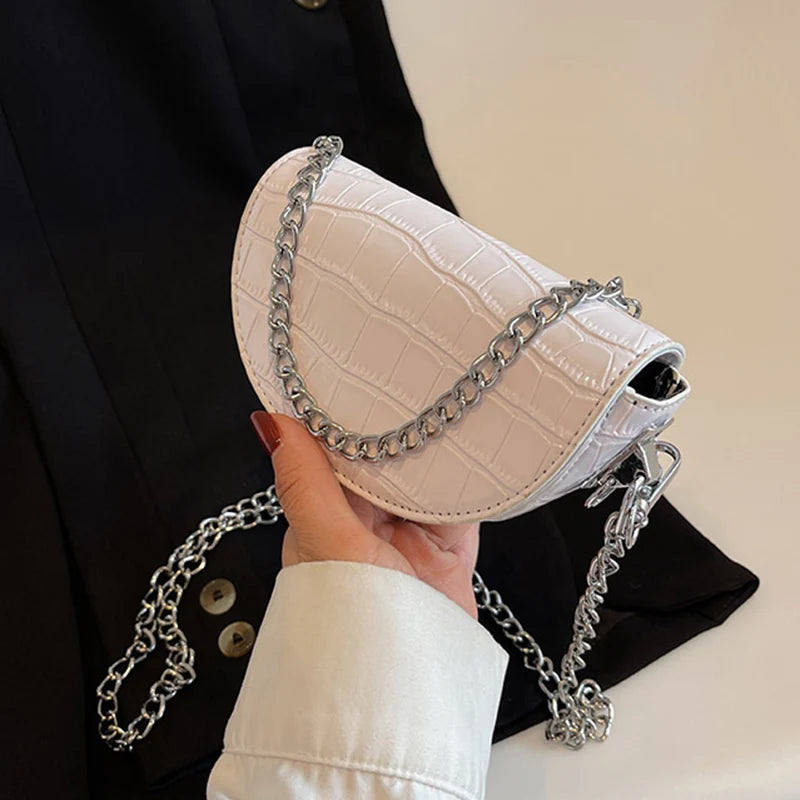 Small Silver Stone Pattern Leather Saddle Bag Evening Clutch