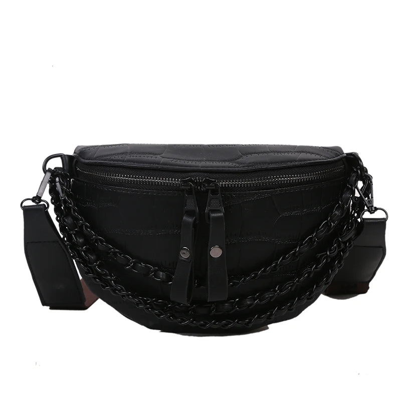Women's Leather Waist Bag High Chest Chain Crossbody Fanny Pack