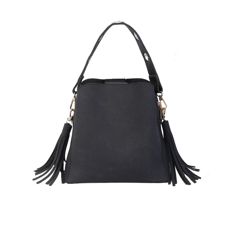 Frosted Leather Bucket Bag Retro Messenger Shoulder Handbag