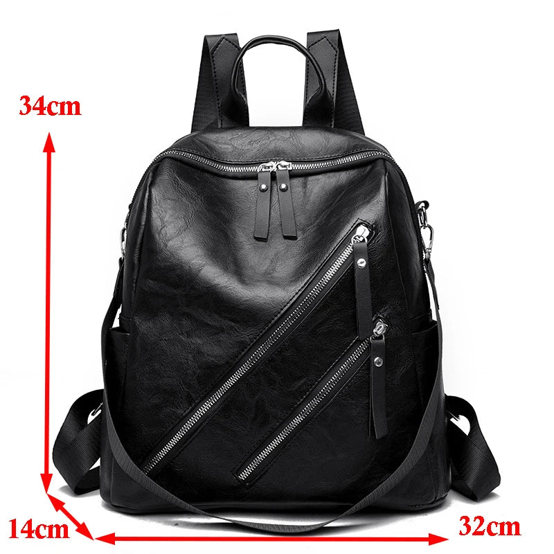 Zipper Backpack PU Leather Waterproof Bag College Student Bag