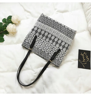 Bohemian Straw Bag Lace Top-Handle Large Capacity Rattan Beach Tote Bucket