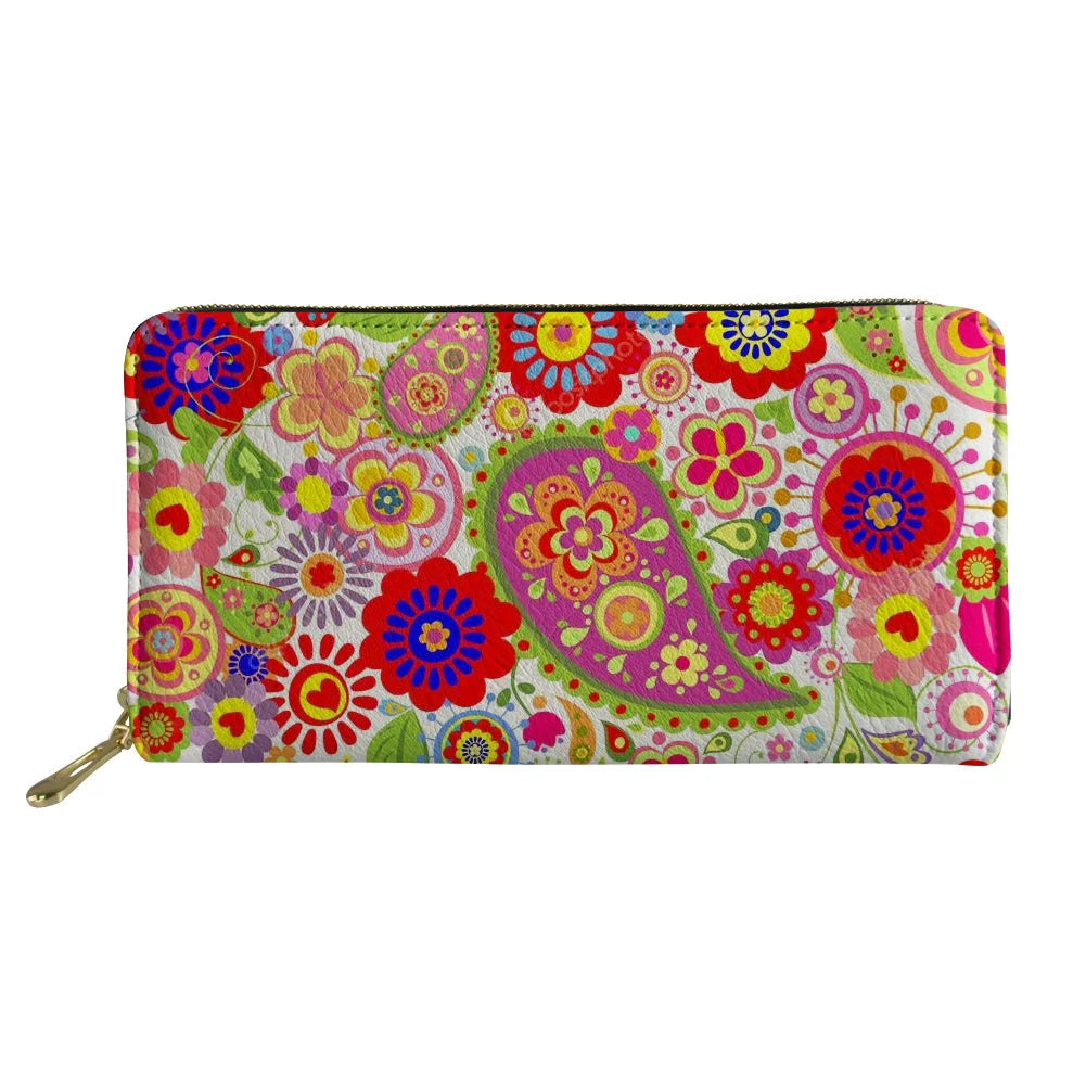 Colorful Boho Floral Print Long Wallet Zipper Phone Bag Girls Clutch Purse