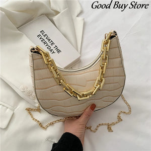 Bright Leather Shoulder Bag with Golden Chains - Office Bag