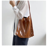 Bright PU Leather Women Shoulder Bag Large Capacity Female Tote Handbag