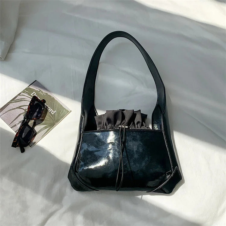 Bright Patent Leather Drawstring Pleated Flap Bags For Women