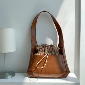 Bright Patent Leather Drawstring Pleated Flap Bags For Women