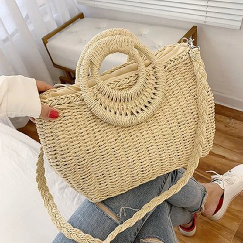 British Style Small Messenger Bag for Women Straw Shoulder Handbag
