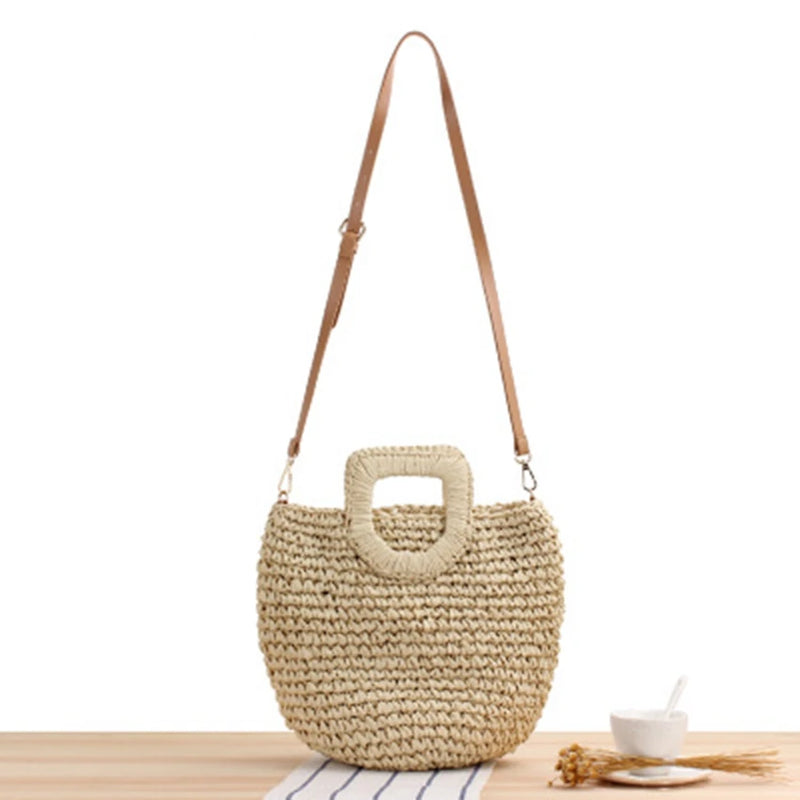 British Style Straw Woven Bag for Women Crossbody Hand Carry Dual-use