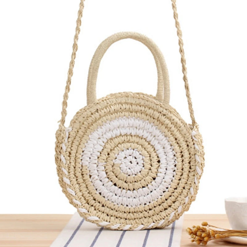 British Style Beach Straw Bag Round Stripes Messenger Dual-use Casual Bag