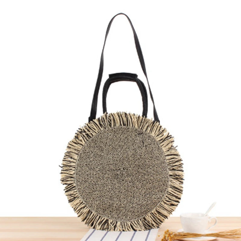 British Portable Tassel Straw Bag Hand Ladle Shoulder Travel Vacation Bag