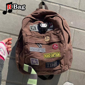 Brown Canvas Backpack Women Gothic Punk Spicy Girl Vintage Bag Large Capacity