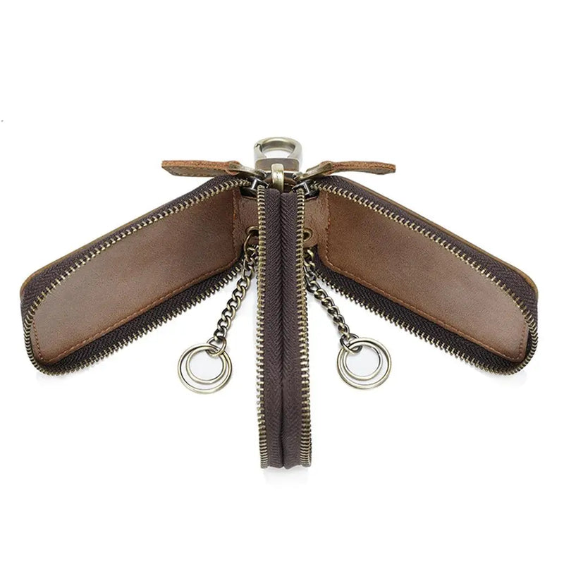 Brown Car Key Holder Case Dual Zipper Cowhide Portable with Keyring