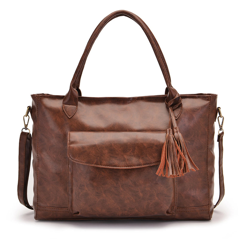 Brown PU Large Women Tote Bag with Leather Strap and Tassel