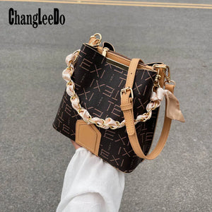 Leather Tote Bag Letter Print Crossbody Bucket Bag