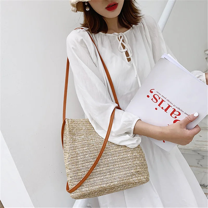 Vintage Woven Straw Beach Bag Bohemian Tote