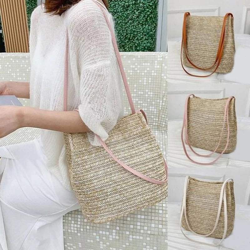Vintage Woven Straw Beach Tote Bag Bohemian Summer Handbag