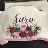 Burgundy Floral Makeup Bag Bridesmaid Wedding Pouch