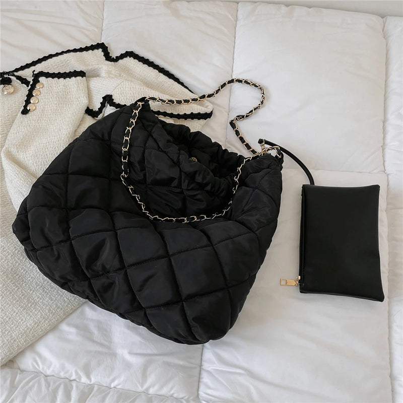 Quilted Nylon Chain Shoulder Bag for Women Winter