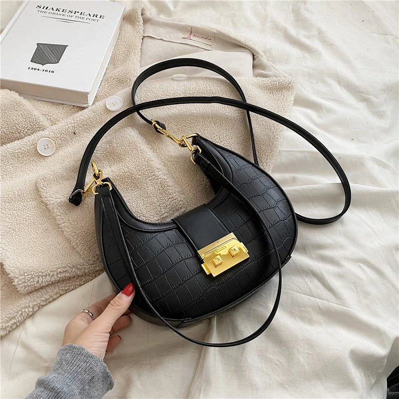 Crocodile Pattern Small Shoulder Bag Saddle Crossbody Purse