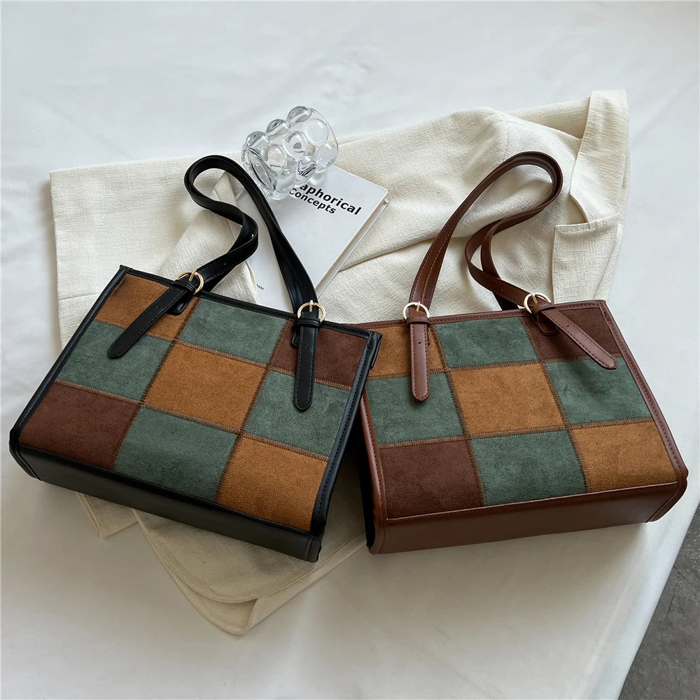Vintage Patchwork Suede Shoulder Bag for Women