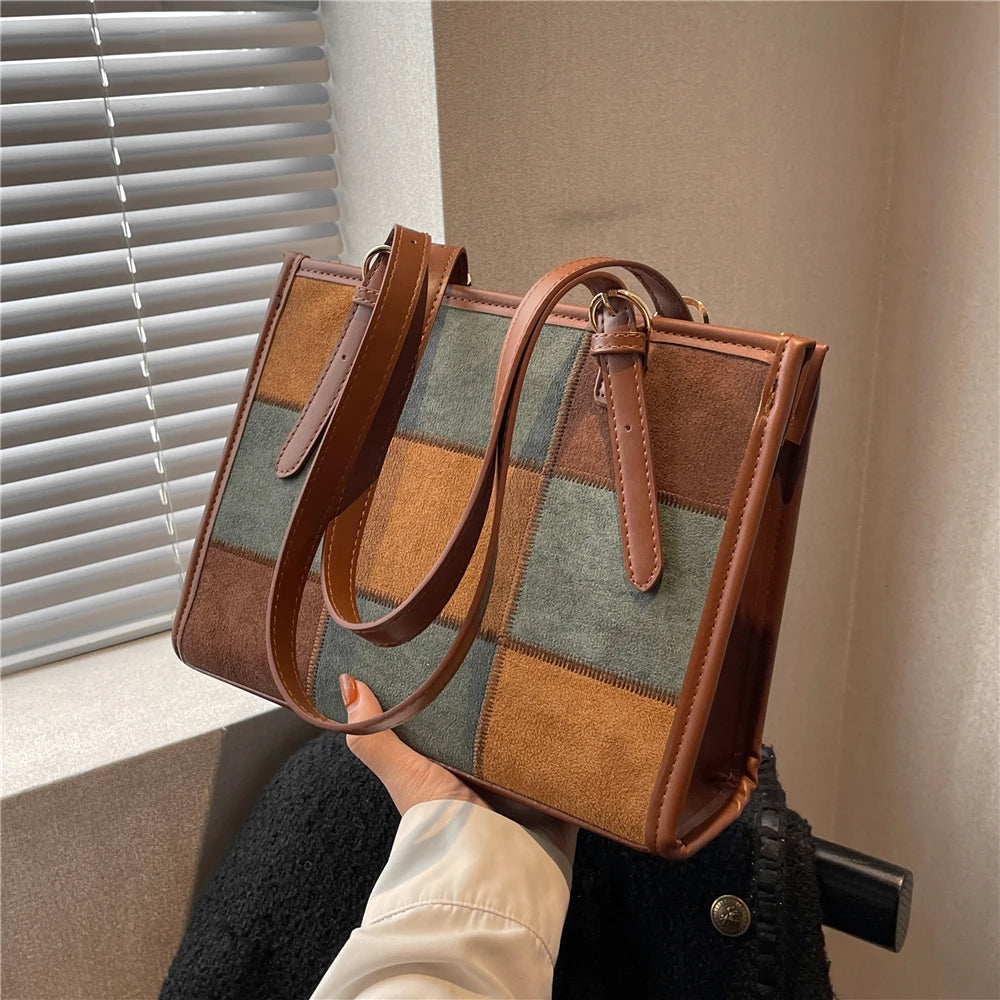 Vintage Patchwork Suede Shoulder Bag for Women