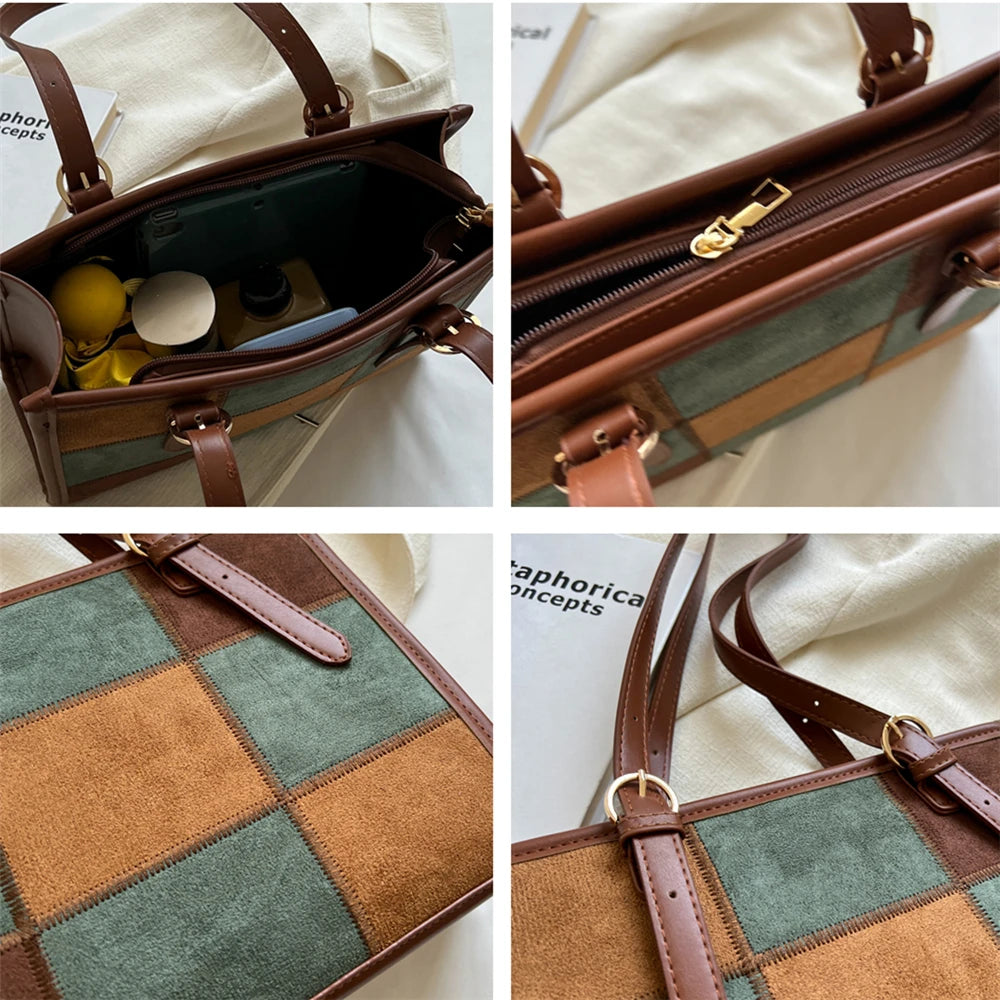 Vintage Patchwork Suede Shoulder Bag for Women