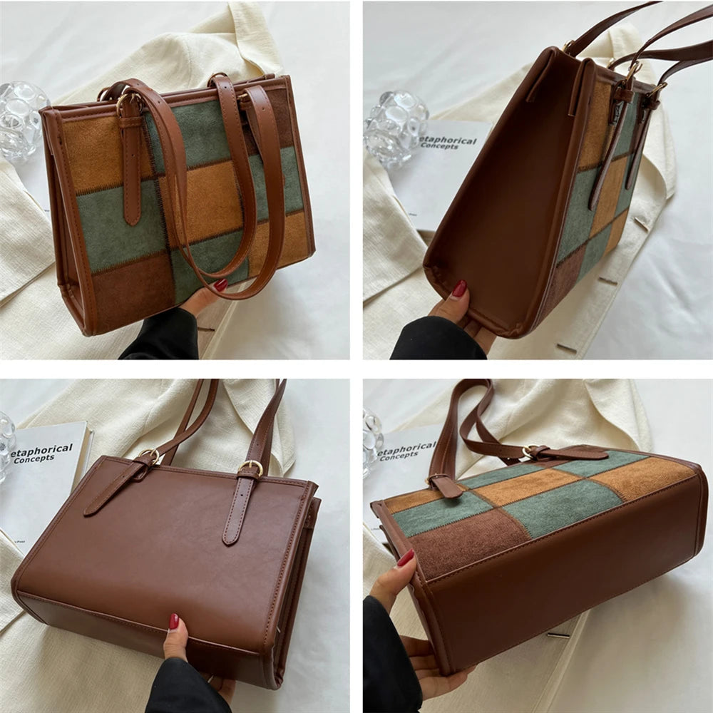 Vintage Patchwork Suede Shoulder Bag for Women