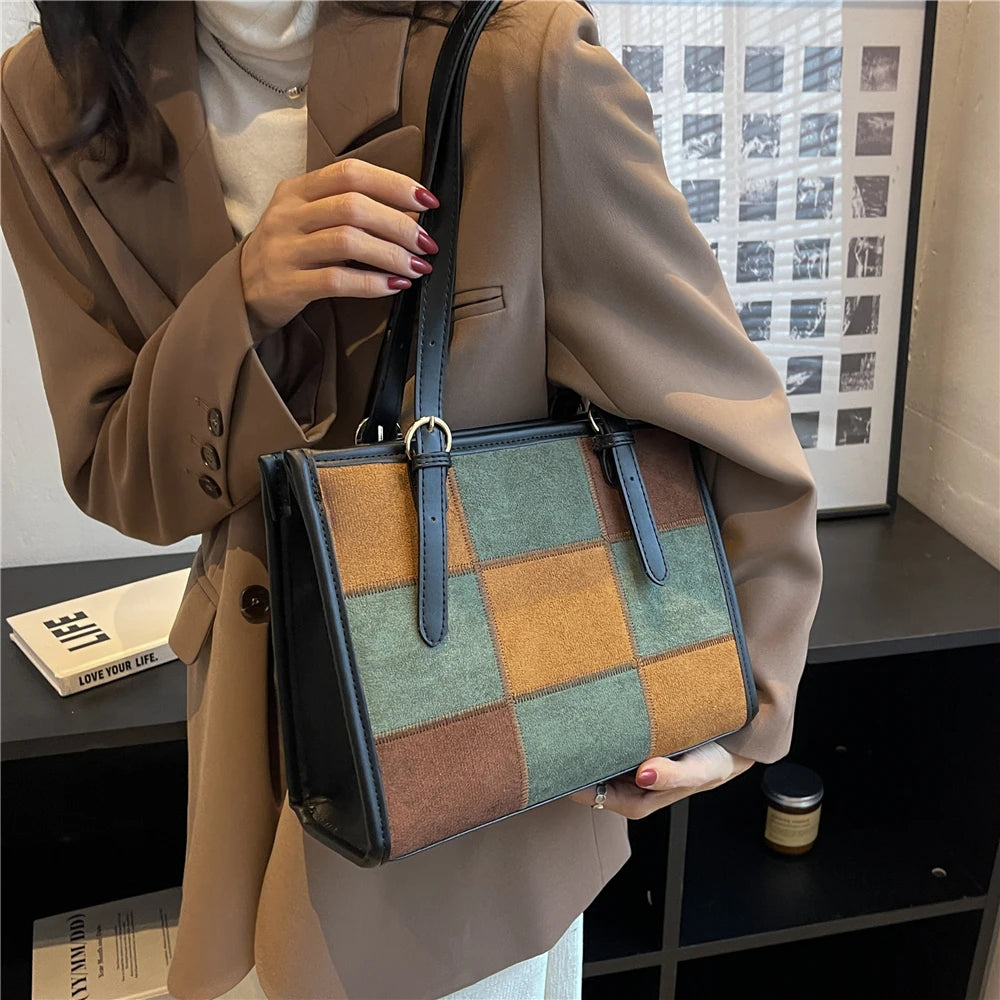 Vintage Patchwork Suede Shoulder Bag for Women