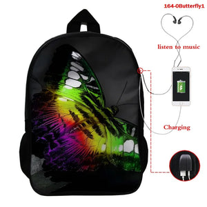Butterfly 16 Inch Women School Bags Orthopedic Backpack 3D Print USB Charging