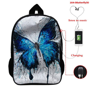 Butterfly 16 Inch Women School Bags Orthopedic Backpack 3D Print USB Charging