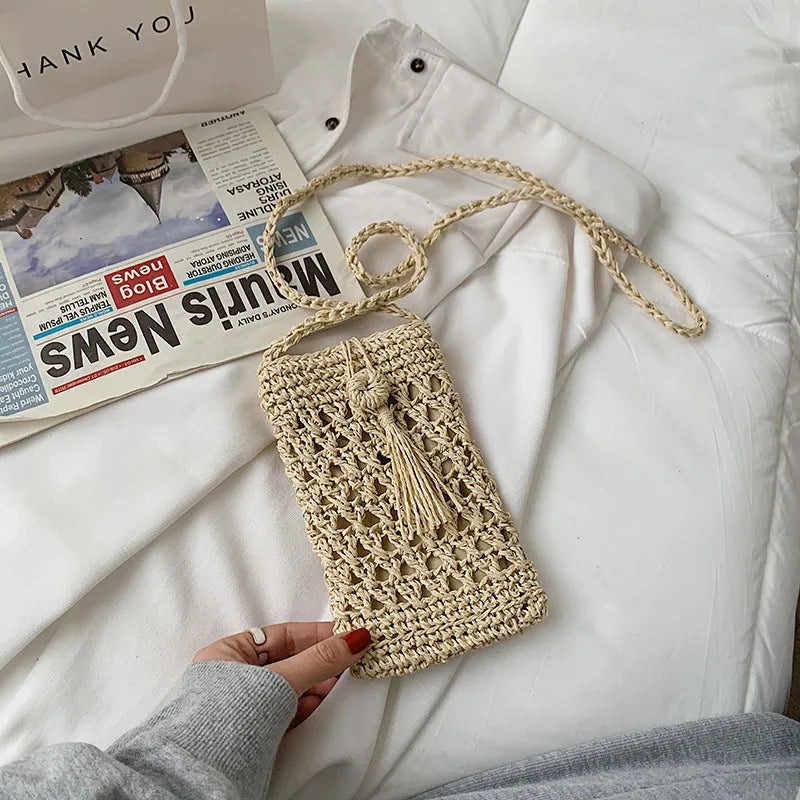 Buylor Summer Beach Bags Straw Crossbody Cell Phone Purse Tassel Shoulder Ba