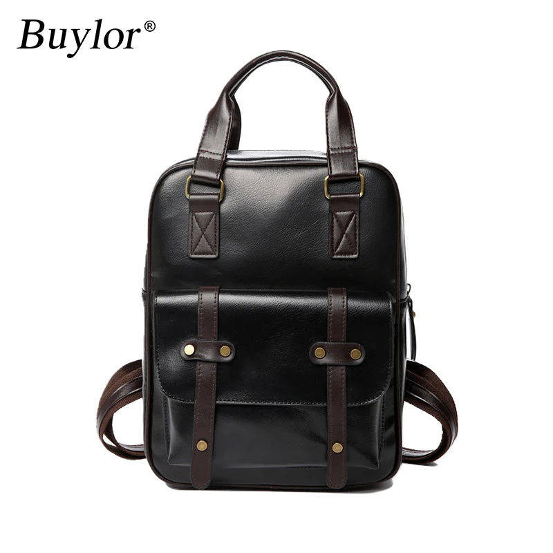 Buylor Women Backpack Retro PU Leather Student School Bag Waterproof