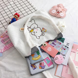 Buylor Canvas Tote Bag Lamb Plush Shoulder Bag Cartoon Bear Embroidery