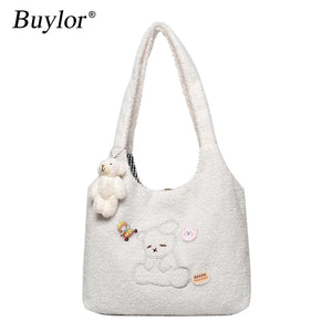 Buylor Canvas Tote Bag Lamb Plush Shoulder Bag Cartoon Bear Embroidery