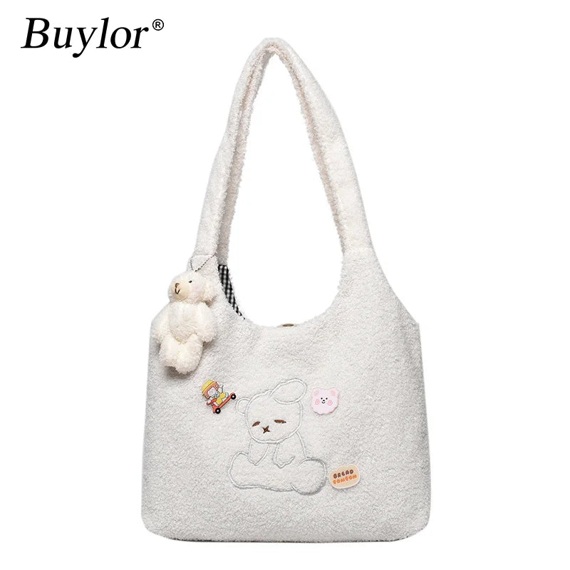 Buylor Canvas Tote Bag Lamb Plush Shoulder Bag Cartoon Bear Embroidery