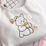 Buylor Canvas Tote Bag Lamb Plush Shoulder Bag Cartoon Bear Embroidery