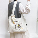 Buylor Canvas Tote Bag Lamb Plush Shoulder Bag Cartoon Bear Embroidery