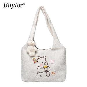 Buylor Canvas Tote Bag Lamb Plush Shoulder Bag Cartoon Bear Embroidery