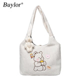 Buylor Canvas Tote Bag Lamb Plush Shoulder Bag Cartoon Bear Embroidery