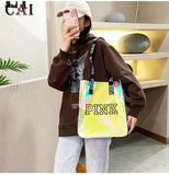 Pink Laser Shoulder Handbag Women Jelly Bag Letter Print Casual Shopping Bag