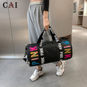 Pink Letter Print Travel Bag Women's Leisure Sports Fitness Shoulder Gym Storage
