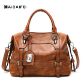 Retro Soft Oil Wax Leather Women Boston Bag Tassel Handbag